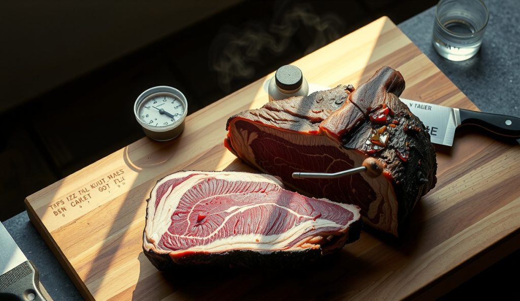 Full packer Wagyu brisket on a large butcher block showing rich marbling in cross-section alongside a Wagyu flat comparison piece, the heavy point-end geometry visible, representing the cut-swap and scale-up from a standard flat.