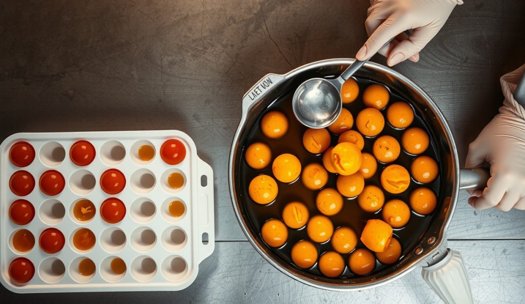 Catering-scale spherified mango BBQ caviar production showing hotel pan alginate bath, multi-cavity molds, and rinse system with 200-plus pearls in continuous-chain workflow.