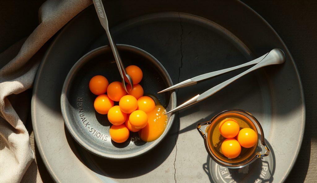 Spherified mango-habanero BBQ sauce caviar in a dark stoneware bowl, paper-thin amber-orange spheres clustered like roe and glistening, with sodium alginate setting bath and tweezers visible alongside.