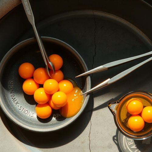 Spherified mango-habanero BBQ sauce caviar in a dark stoneware bowl, paper-thin amber-orange spheres clustered like roe and glistening, with sodium alginate setting bath and tweezers visible alongside.