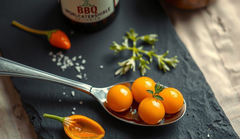 Gluten-free and vegan mango-habanero BBQ caviar pearls on a slate spoon with plant-based Worcestershire visible, showing the fully vegan spherification variant.