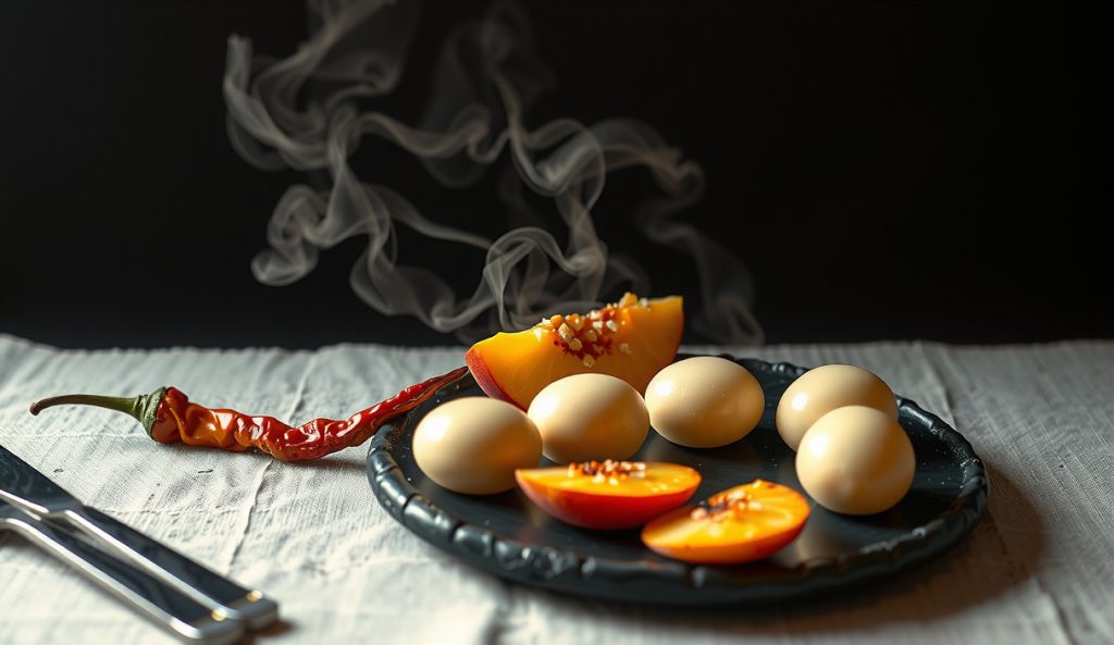 Peach and ghost pepper spherified caviar pearls in pale golden color on dark stone with a fresh peach wedge and ghost pepper pod, showing the stone-fruit slow-heat ingredient-swap variant.