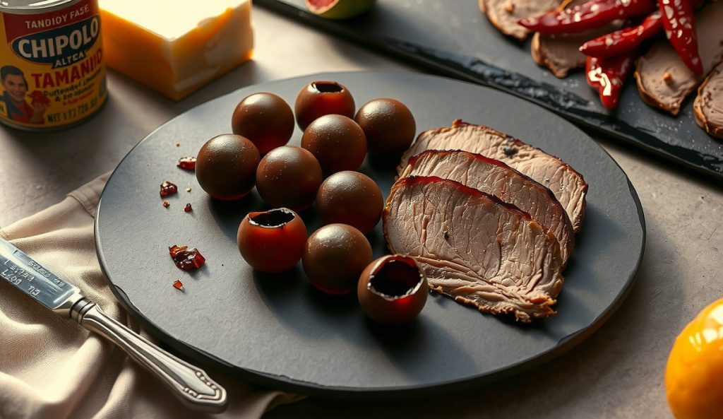 Tamarind-chipotle spherified BBQ caviar pearls in deep brown-mahogany color plated beside brisket on dark slate, showing the smoky acidic ingredient-swap variant.