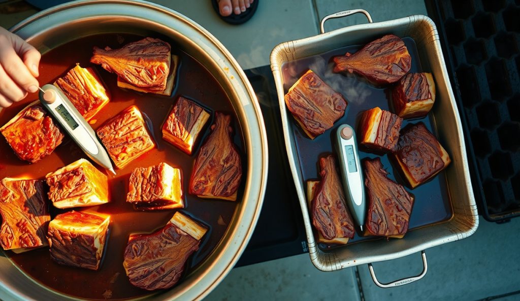 Crowd-scale St. Louis pork steaks in two full-size steam-table pans on grill grates, steaks stacked in braising sauce with thermometer probe in center steak, steam rising, showing the scaled-up batch method.