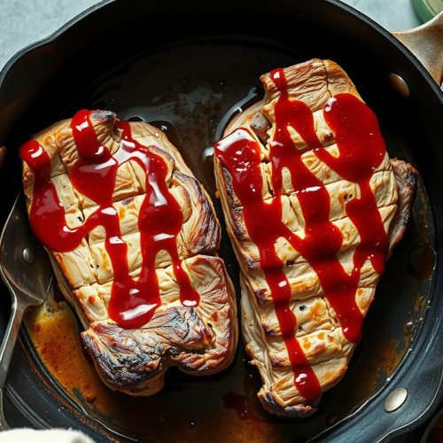 Two thick St. Louis pork shoulder steaks in a dented enamelware pan, showing deep Maillard-browned crust under a glossy caramelized BBQ sauce lacquer, collagen-rich sauce bubbling at the pan edges