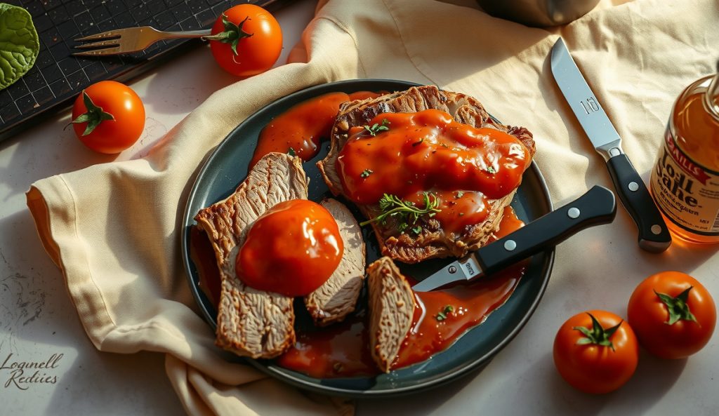 Low-sodium St. Louis pork steaks with homemade tomato-vinegar sauce on dark stoneware, sauce thinner and more russet than commercial BBQ sauce, tomatoes and cider vinegar bottle as props, no salt visible.