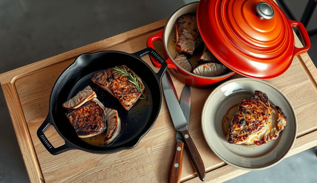 St. Louis pork steak oven and broiler method showing cast iron skillet with sear marks, Dutch oven with braising lid ajar, and broiler-finished glazed steak on wire rack, entirely indoor kitchen setting.