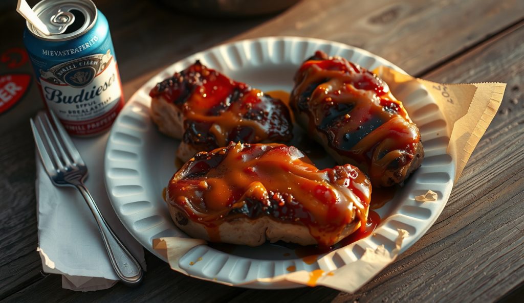 Street fair St. Louis pork steaks on paper plate with thick glossy candy-lacquer brown sugar Maull's glaze charred at edges, Budweiser can beside plate on picnic table, unapologetically saucy block-party presentation.