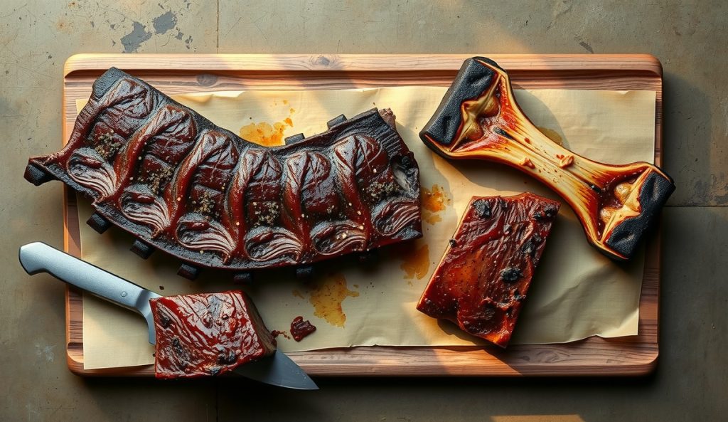 Texas beef plate ribs and chuck ribs side by side coated in salt-pepper rub with visible white pepper in the blend, showing the cut-swap adaptation with adjusted application rate and thick bark formation.