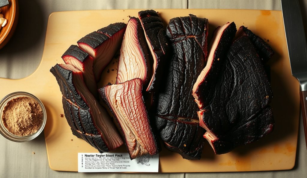Competition brisket turn-in box with perfectly sliced brisket showing jet-black pepper-dominant bark from a 40/60 salt-to-pepper ratio plus MSG, with a small MSG ramekin visible on the prep board.