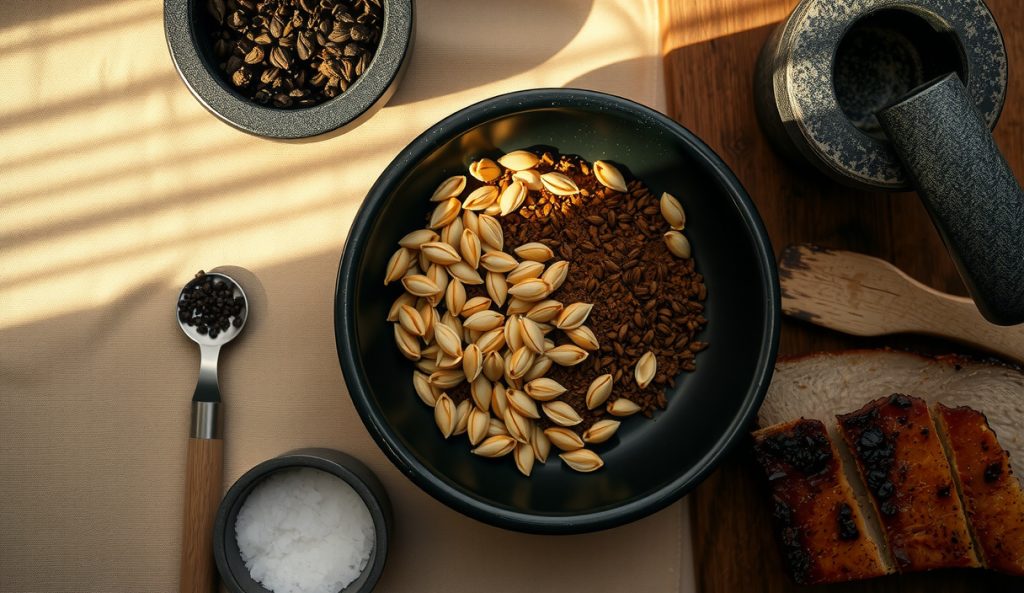 Texas beef rub laid out with three ramekins showing salt, pepper, and toasted coriander seeds beside a mortar and pestle, with the mixed rub showing pale gold coriander flecks and brisket with tan-flecked bark behind.