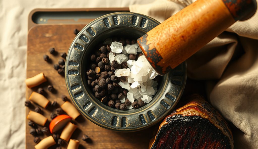 Top-down mortar and pestle with equal portions of kosher salt and coarse 16-mesh black pepper partially combined, brisket bark slice visible at frame edge on a weathered butcher block.