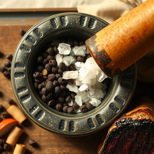 Top-down mortar and pestle with equal portions of kosher salt and coarse 16-mesh black pepper partially combined, brisket bark slice visible at frame edge on a weathered butcher block.