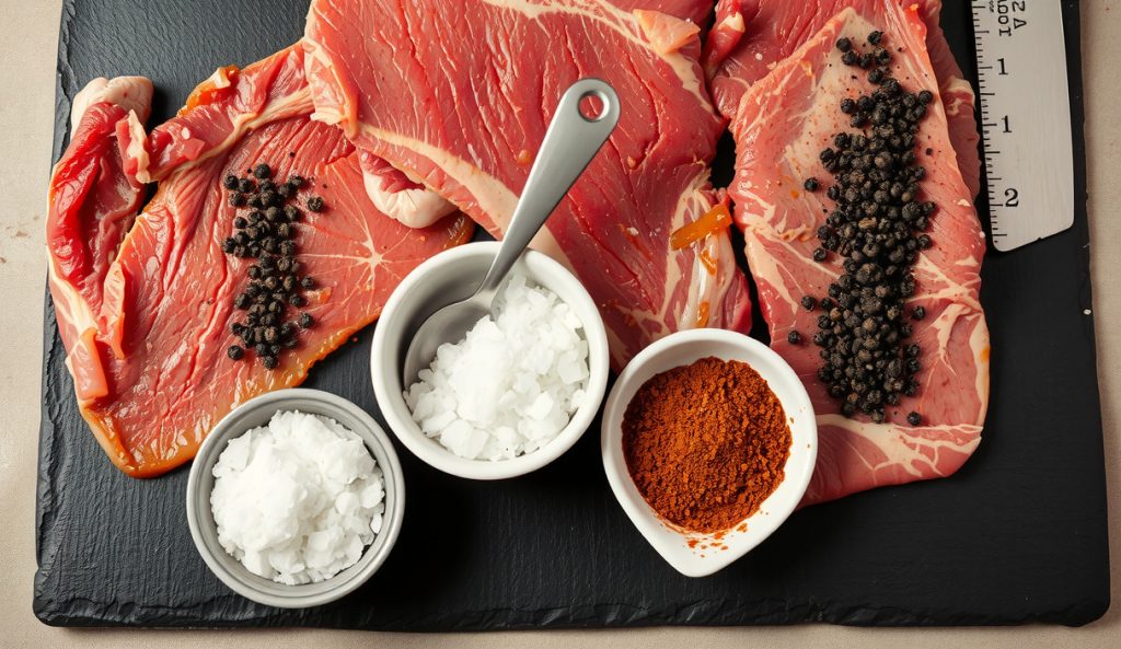 Low-sodium Texas beef rub with potassium chloride substitute in a ramekin beside reduced kosher salt, showing the partial 50% sodium-cut approach with coarse black pepper dominating the mix.