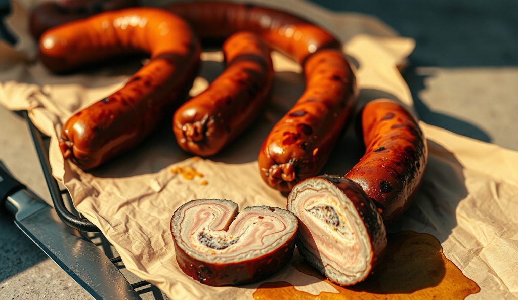 All-beef Texas hot guts sausage links on offset smoker grates with deep mahogany bark and cross-section showing beef chuck grain and smoke ring, beef chuck block in background, no pork in frame.