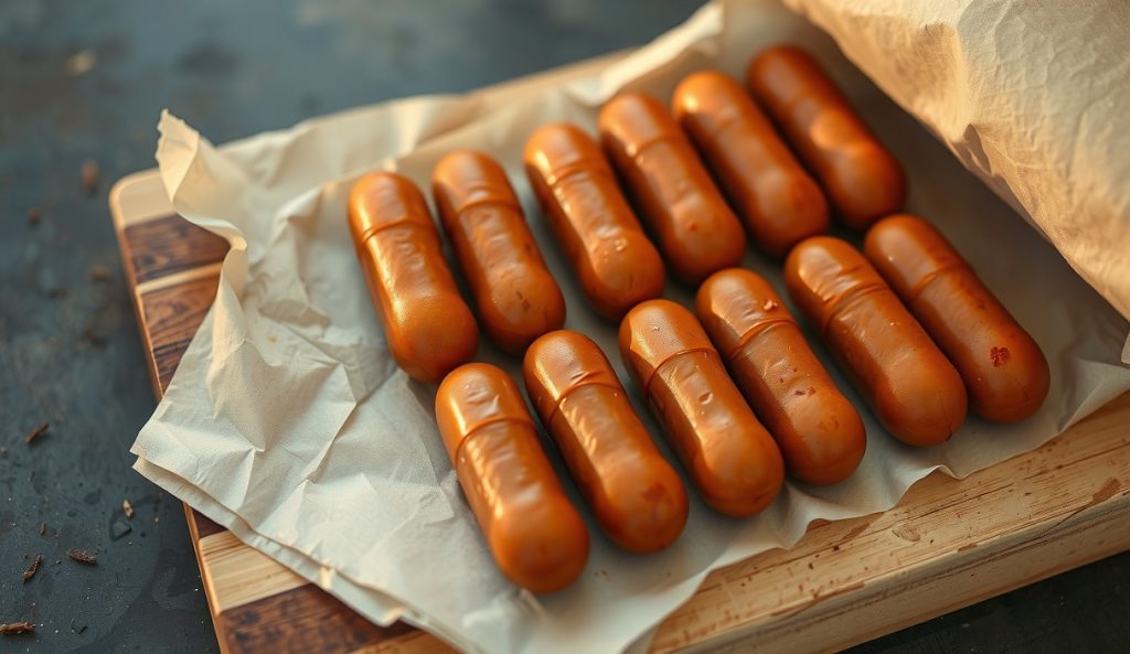 Texas hot guts sausage in uniform 32mm collagen casings showing consistent diameter and even geometry in neat parallel rows on butcher paper, collagen casing roll at frame edge, distinct from irregular natural casing.
