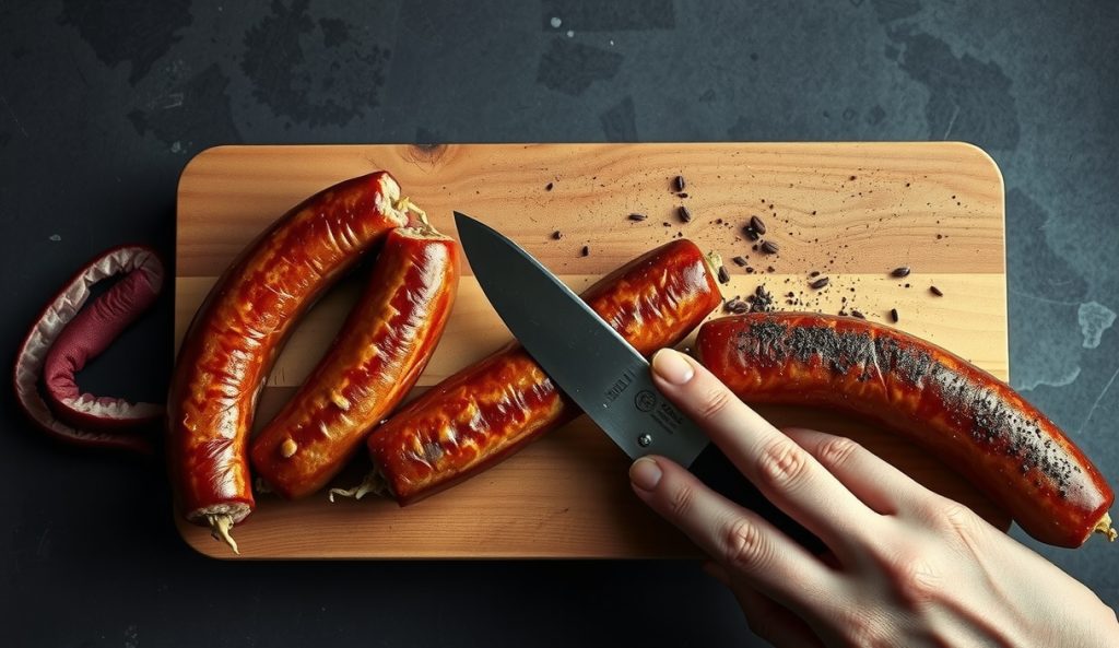 Texas hot guts sausage links on a weathered butcher block with deep mahogany bark, one link cut crosswise showing the coarse-ground pork-beef interior and glistening rendered fat, smoke haze drifting across the frame