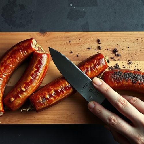 Texas hot guts sausage links on a weathered butcher block with deep mahogany bark, one link cut crosswise showing the coarse-ground pork-beef interior and glistening rendered fat, smoke haze drifting across the frame