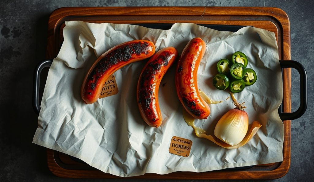 Gluten-free Texas hot guts sausage links split open on butcher paper showing pepper-crusted natural casing and juicy interior, with pickled jalapeños and raw onion, post-oak smoke drifting above.