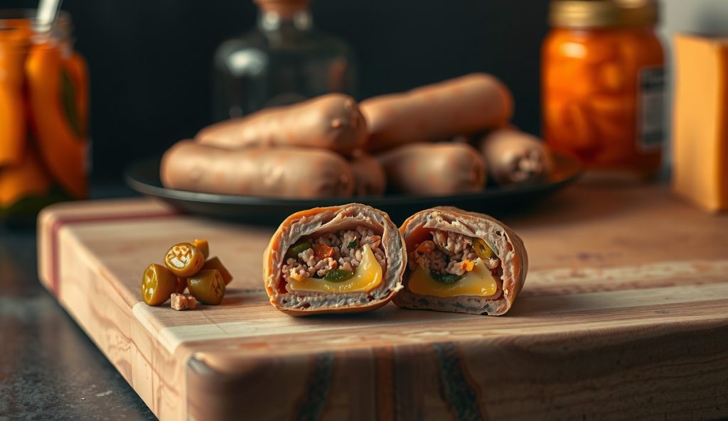 Jalapeño-cheese Texas hot guts sausage with cross-section cut revealing molten cheddar pockets and pickled jalapeño pieces throughout, cheddar block and jalapeño jar beside links on butcher block.