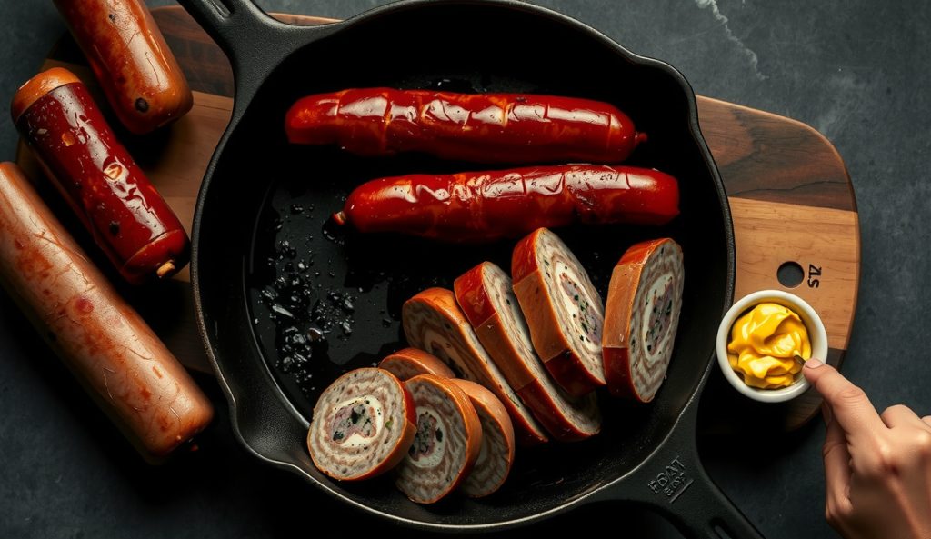 Keto Texas hot guts sausage sliced in a cast iron skillet, heavy black-pepper bark casing, no sugary glaze, rendered fat pooling, with a ramekin of sugar-free mustard and rising smoke.