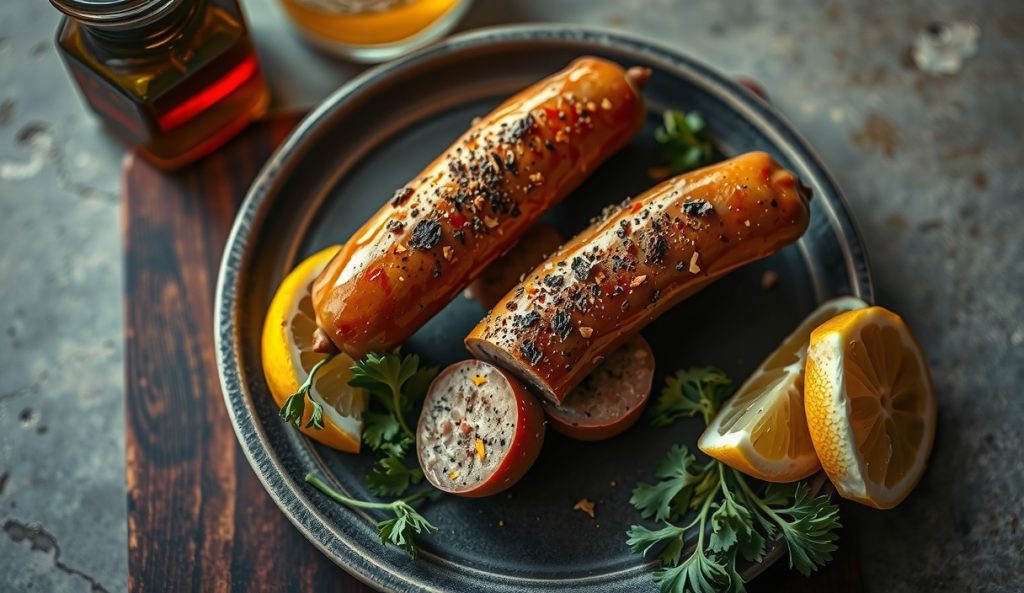 Low-sodium Texas hot guts sausage with an herb and lemon zest crust replacing heavy salt, sliced open to reveal spiced interior, with lemon wedges and parsley on a dark stoneware plate.