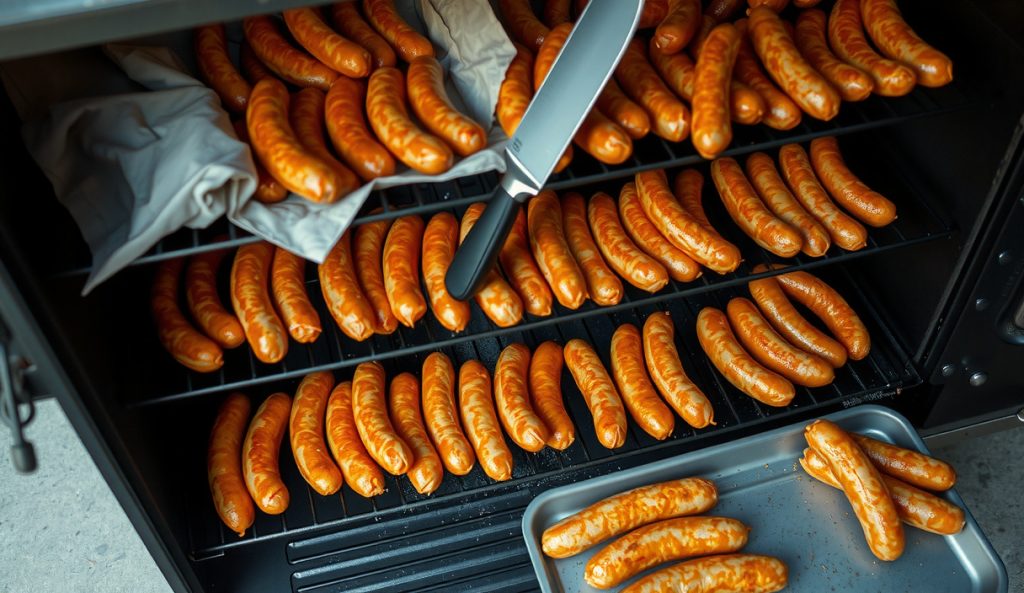 Party-scale Texas hot guts sausage with dozens of links filling multiple offset smoker racks, thick post-oak smoke drifting through packed grates, additional raw links waiting on sheet pan beside the smoker.