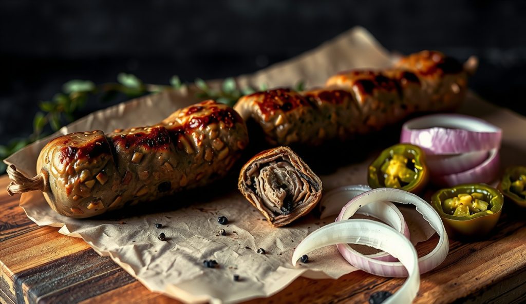 Vegetarian companion: lentil and mushroom smoked sausage links with natural casing char on butcher paper, split open showing dark spiced interior, with pickled jalapeños and raw onion, smoke drifting.
