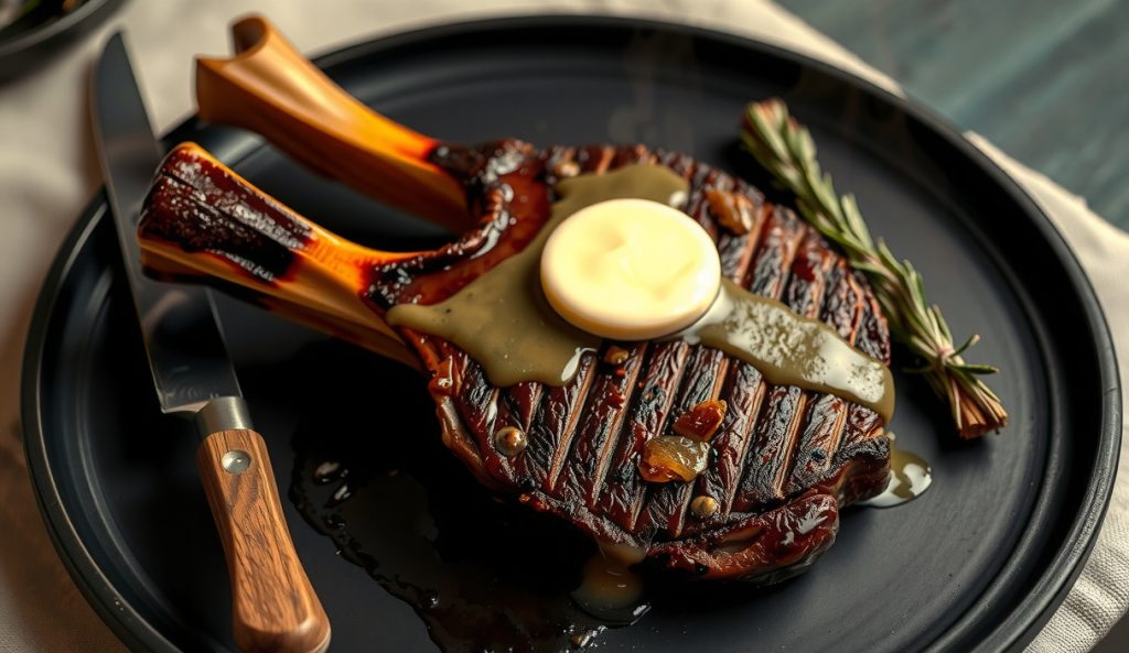 Reverse-seared tomahawk ribeye with a garlic-herb compound butter round melting into the seared crust during rest, butter pools on dark stoneware.