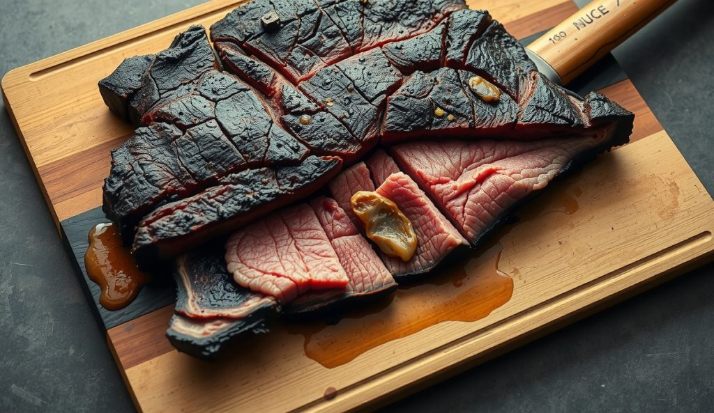 Sliced tomahawk ribeye on a weathered butcher block, shattering mahogany Maillard crust, rose-pink medium-rare center with visible smoke ring, glistening rendered fat in the cut face, long femur bone extending off the board.