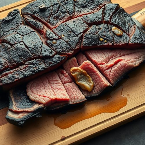 Sliced tomahawk ribeye on a weathered butcher block, shattering mahogany Maillard crust, rose-pink medium-rare center with visible smoke ring, glistening rendered fat in the cut face, long femur bone extending off the board.