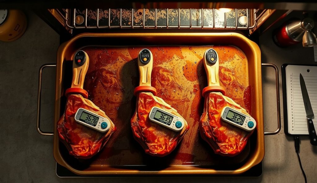 Three tomahawk ribeyes on a large oven rack each with individual probe thermometers, scaled low-phase cook showing per-steak monitoring setup.