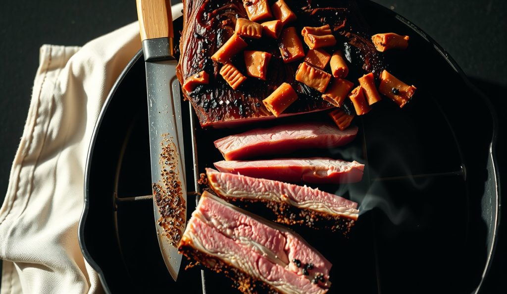 Smoked reverse-sear tomahawk ribeye with competition-style bark and deep smoke ring visible on sliced cross-section, bone handle over pellet smoker grate.