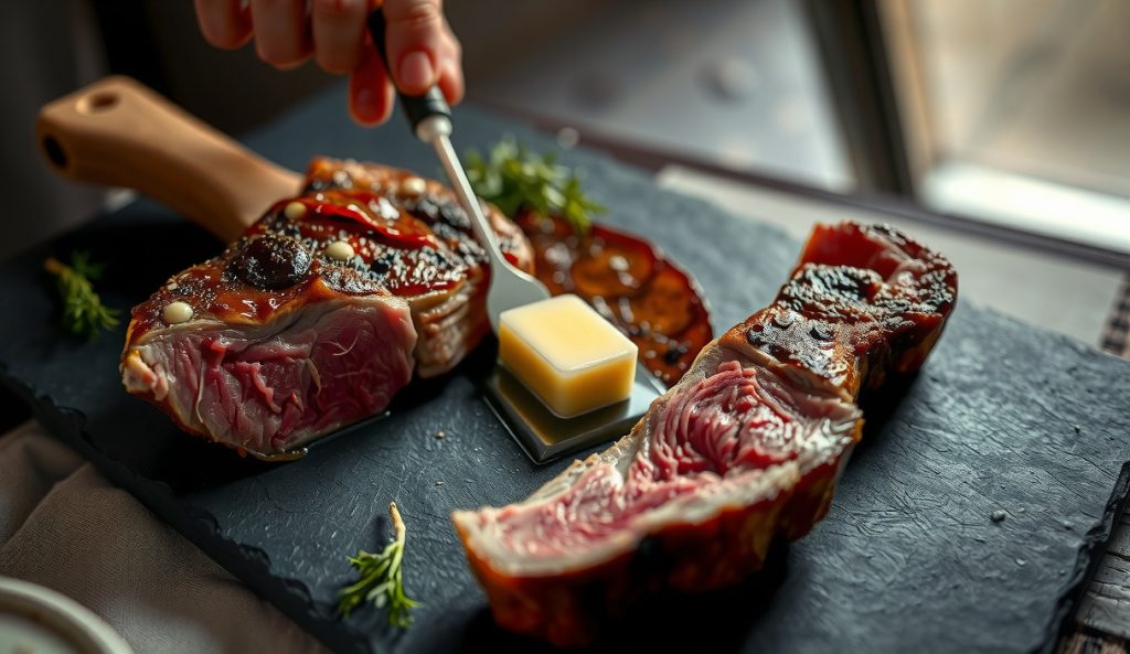 A5 Wagyu tomahawk ribeye reverse-seared to 110°F with extraordinary marbling visible on the sliced cross-section, rendered fat pooling on dark slate.