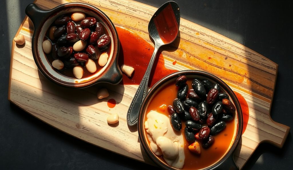 Three ramekins side by side on a butcher block each holding navy, great northern, and black beans in the same smoky BBQ sauce, illustrating the bean swap variations and their contrasting textures.