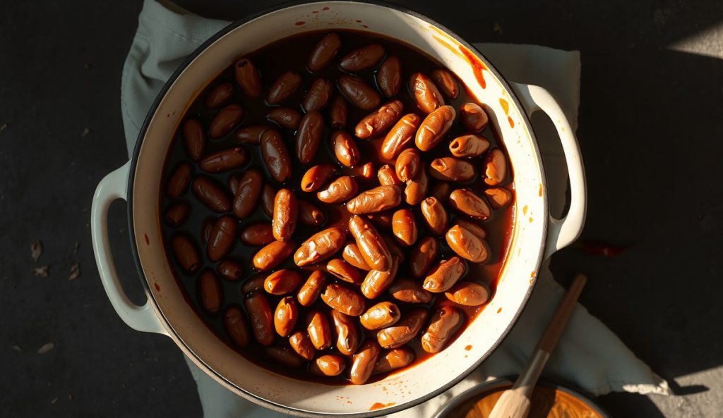 Vegan smoked pinto beans in enamelware showing deep mahogany molasses-BBQ sauce coating, split bean skins, smoked paprika dusting, and thick glossy liquid with steam rising from the pot.