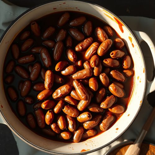 Vegan smoked pinto beans in enamelware showing deep mahogany molasses-BBQ sauce coating, split bean skins, smoked paprika dusting, and thick glossy liquid with steam rising from the pot.