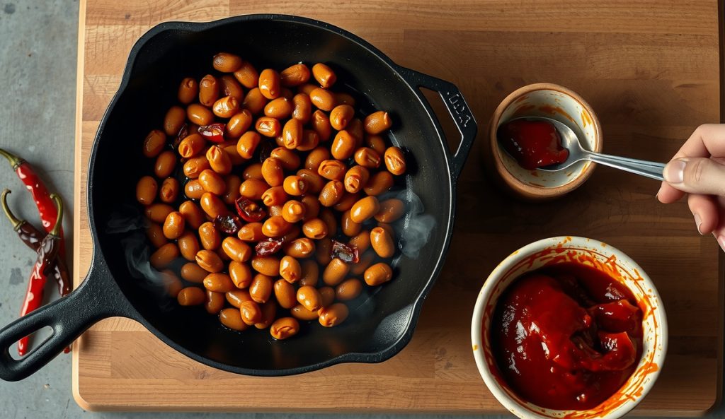 Spicy smoked pinto beans in a cast iron skillet with visible chipotle pieces, cayenne, and a bowl of gochujang paste alongside, illustrating the heat level variation paths from mild to seriously spicy.
