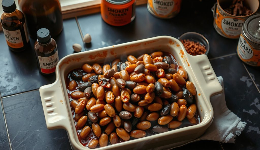 Oven-baked BBQ pinto beans in a ceramic casserole dish with lacquered sauce, liquid smoke bottle and smoked paprika tin staged alongside, showing the oven-only no-smoker indoor method.