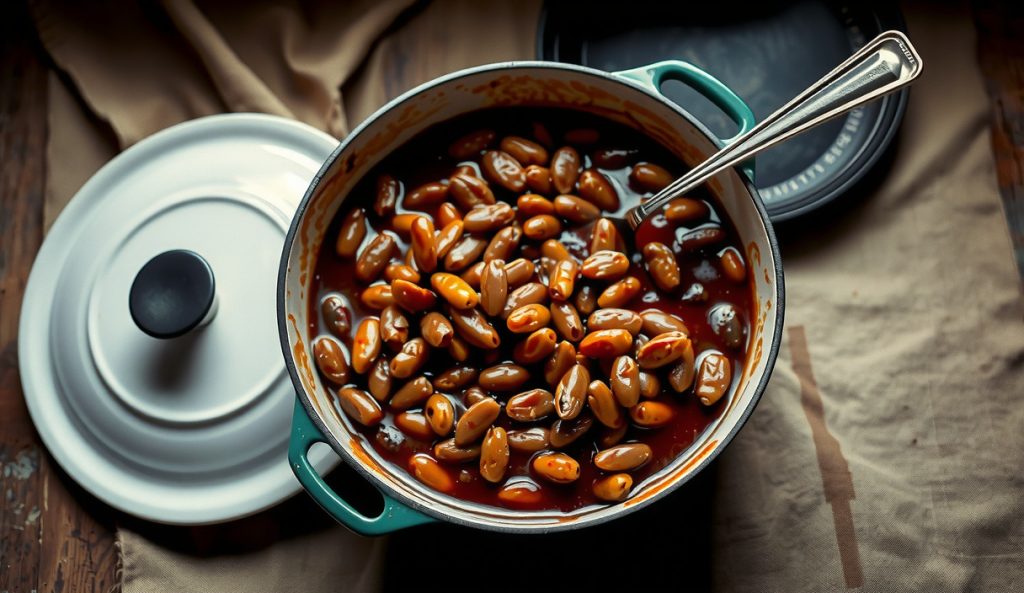 A massive 7-quart enameled Dutch oven brimming with a double-batch of smoked pinto beans in glossy dark BBQ sauce, steam rising, ladle resting inside, showing the scaled-up crowd-feed volume.