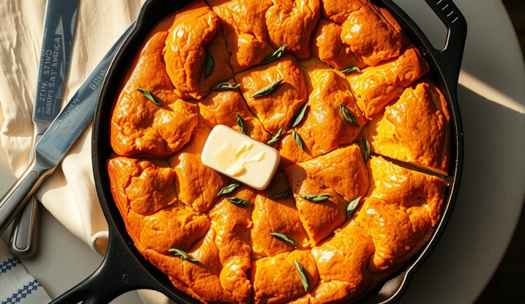 Vegan aquafaba cornbread baked in a cast iron skillet, wedge removed to show crackling golden crust and custardy open crumb, with plant-based butter pooling in the cut and steam rising.