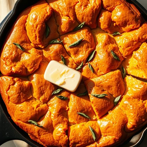 Vegan aquafaba cornbread baked in a cast iron skillet, wedge removed to show crackling golden crust and custardy open crumb, with plant-based butter pooling in the cut and steam rising.