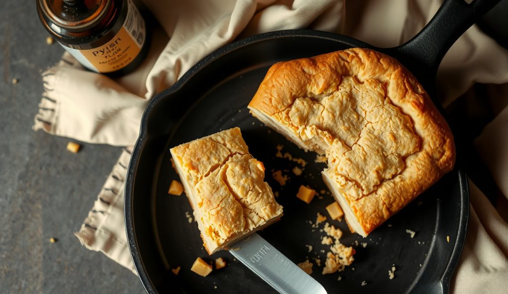 Gluten-free vegan aquafaba cornbread showing a clean cohesive crumb without wheat bran, with psyllium husk jar and GF flour blend box staged alongside a cast iron pan, the tight xanthan-gum structure visible in the sliced square.