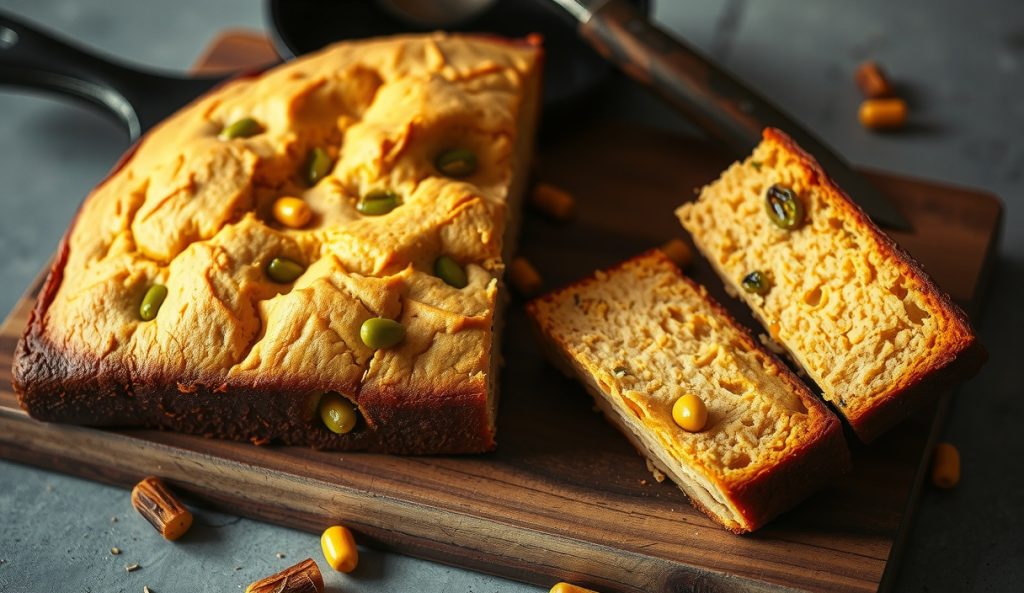 Sliced vegan jalapeño and roasted corn cornbread on a butcher block, showing charred kernel-studded crust and pickled jalapeño threads through the moist crumb, steam rising from the warm cut face.