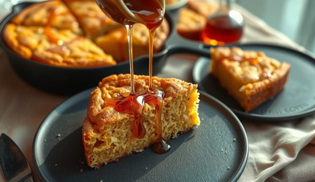 Sweet Southern-style vegan aquafaba cornbread wedge with a golden-caramel maple-glazed crust and dense fine-grind cornmeal crumb, maple syrup jug drizzling over the top on dark stoneware beside a cast iron skillet.