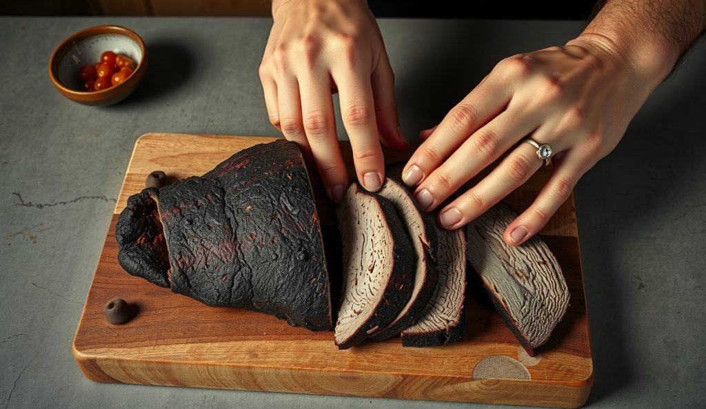Vegan seitan smoked brisket sliced on a butcher block showing directional fiber alignment, deep mahogany bark, and a beet-miso smoke ring analogue, with working hands pressing the slab and oak smoke drifting across.