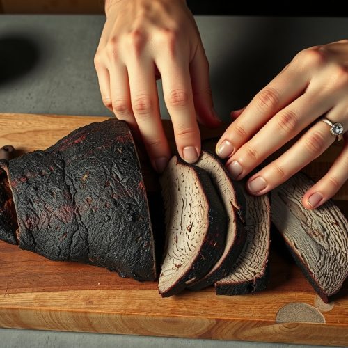 Vegan seitan smoked brisket sliced on a butcher block showing directional fiber alignment, deep mahogany bark, and a beet-miso smoke ring analogue, with working hands pressing the slab and oak smoke drifting across.