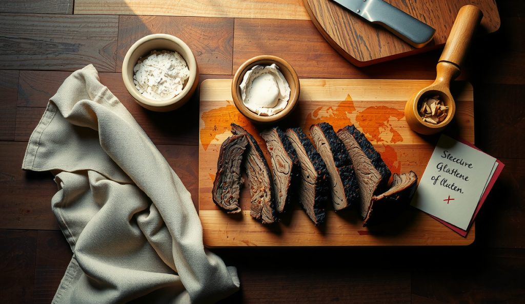 Seitan vegan smoked brisket sliced to show fibrous gluten-dependent interior beside gluten-free flour alternatives in bowls, illustrating why gluten-free substitution is structurally impossible for this recipe.