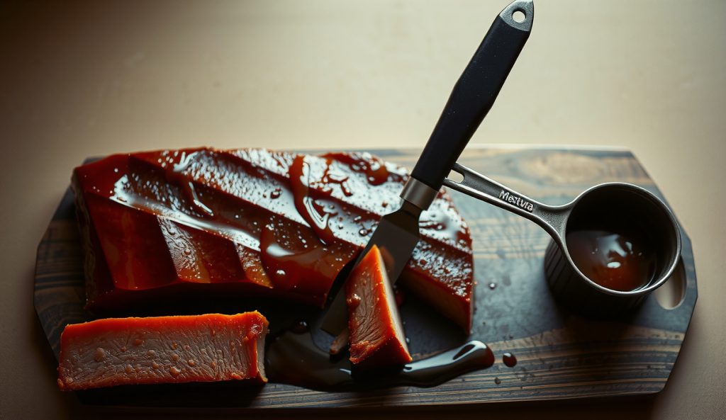 Kansas City-style vegan seitan brisket with a thick sticky tomato-molasses lacquered bark on a dark cutting board, glaze saucepan and brush alongside, showing the KC-style showpiece glaze variation.