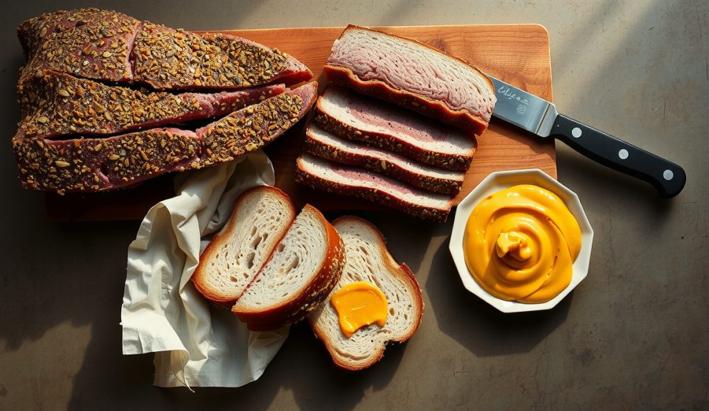 Vegan seitan pastrami slab with coriander-black pepper bark sliced paper-thin and fanned on a butcher block with rye bread and mustard, showing the classic deli pastrami build variation.
